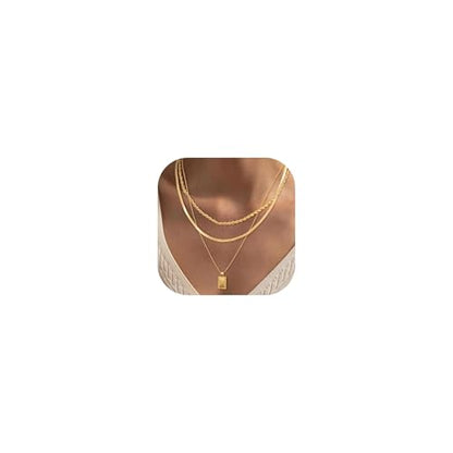 Gold Layered Necklaces for Women Stack Boho Stacking Layering 14K Gold Plated Chain Necklaces Set Cuban Link Herringbone Twist Chain Square Coin Pendant Necklace Jewelry Gifts Trendy Stuff - color: A Gold Layered Square Necklace