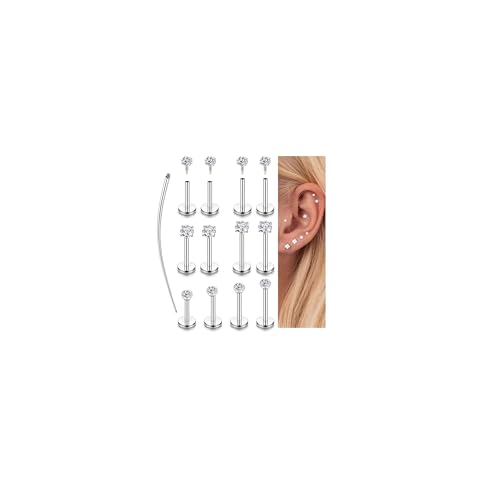 JeryWe 18G 16G Flat Back Earrings Studs for Women - Hypoallergenic Surgical Steel Internal Thread CZ Stud Earrings Stacks 14K Gold Plated Tragus Labret Helix Cartilage Conch Nose Stud Piercing Jewelry - color: Steel, size: 18G(1.0mm)