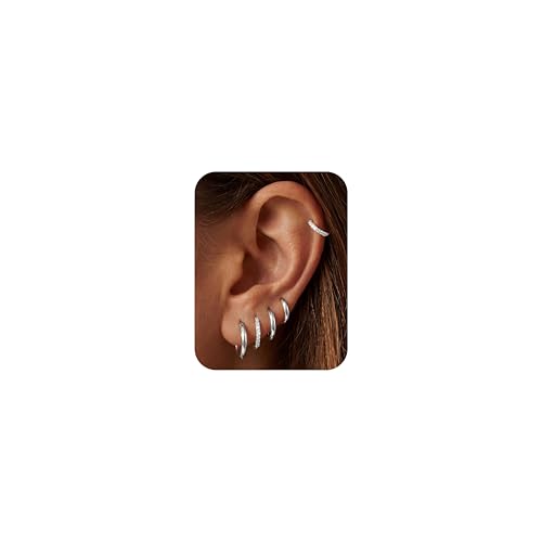 Tungary Small Gold Hoop Earrings for Women Huggie CZ Hoops Earring Stacks | Hypoallergenic Earing Hoops for Sensitive Ears, Earrings Stack Set for Cartilage, Secure Clasp, Silver/Black/14K Gold Plated - color: Silver-Plain & CZ Huggies