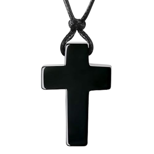 FANASY Natural Gemstone Pendant Necklace for Men Healing Crystal Pendant Adjustable Black Rope Necklace Jewelry Gifts for Women Men - color: X- Cross Obsidian