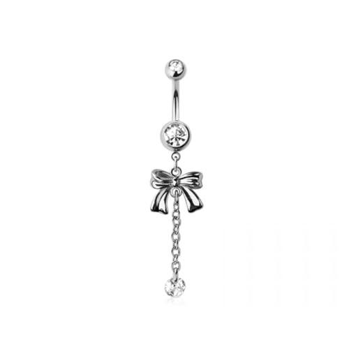 Pierced Owl 14GA 316L Stainless Steel CZ Crystal Bow with Dangling Chain and Gem Belly Button Ring