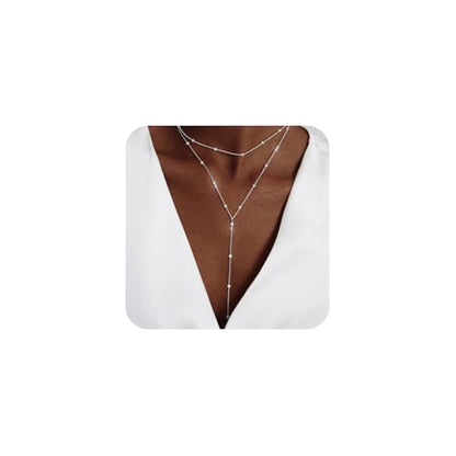 LULII Gold Necklace for Women Trendy Lariat Y Necklace Dainty 14k Gold Plated/Silver Long Necklaces for Women Layered Beaded Drop Necklaces Simple Y-Shaped Chain Jewelry Gifts - color: Y Layered Bead Necklace-Silver