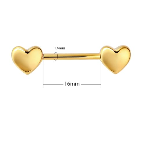 HQLA 14G Dainty CZ Love Heart Nipple Rings Tongue Ring Surgical Steel Nipple rings Piercing Women Barbells 2Pcs 25/8"(16mm) - style: Gold Heart