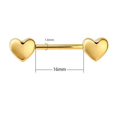 HQLA 14G Dainty CZ Love Heart Nipple Rings Tongue Ring Surgical Steel Nipple rings Piercing Women Barbells 2Pcs 25/8"(16mm) - style: Gold Heart