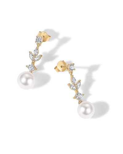 PAVOI 14K Gold Plated Cubic Zirconia Dangle Earrings for Women - Crystal Long Linear Bridal Drop Earrings - Cluster CZ Pearl Simulated Diamond Drop Dangle Wedding Jewelry for Brides & Bridesmaid - style: Pearl