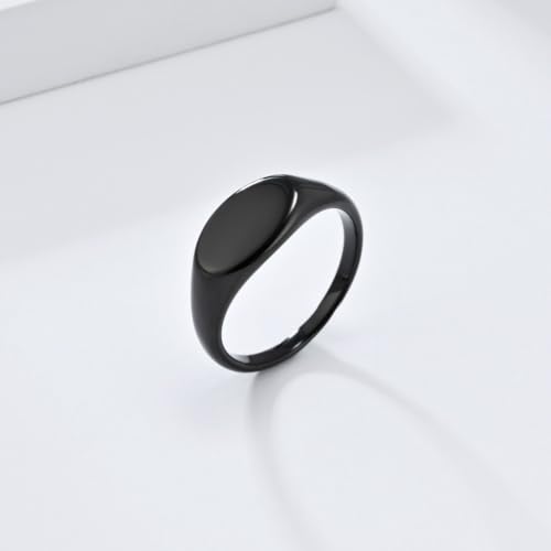 PAURO Women Oval Shape Signet Ring Geometric Style | Stainless Steel Oval-shape Signet Style for Women,Classical Simple Plain Wedding Engagement Statement Ring - color: Black