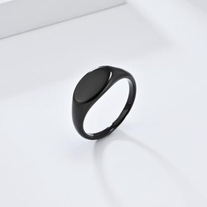 PAURO Women Oval Shape Signet Ring Geometric Style | Stainless Steel Oval-shape Signet Style for Women,Classical Simple Plain Wedding Engagement Statement Ring - color: Black