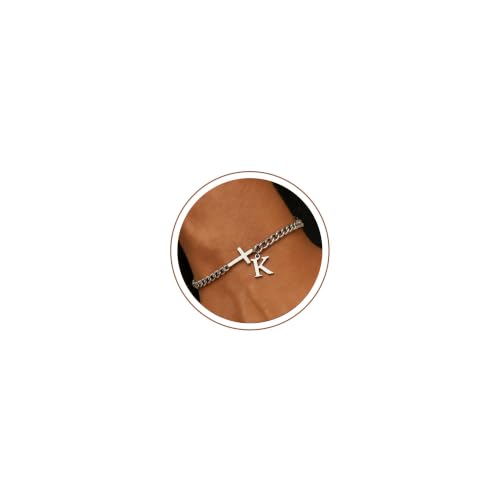 Cross Cuban Link Bracelets for Men Initial A - Z Faith Cross Bracelets, Stainless Steel Fashion Initial Charm Chain Bracelet Religious Jewelry Gift for Men - color: Silver K