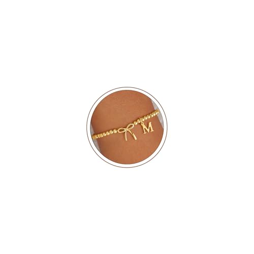 M MOOHAM Bow Initial Bracelets for Women Girls, Letter A-Z Beaded Bracelet | 14K Gold Plated, Bow Bracelets for Girls, Gold Bracelet, Beaded Initial Bracelet, Birthday Gift for Teen Girl Jewelry - color: M