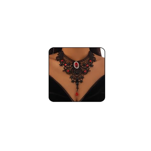 Black Lace Choker Necklace for Women Halloween Gothic Vampire Red Crystal Necklaces Steampunk Cosplay Costume Party Necklace Halloween Jewelry - color: Red