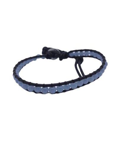 Handmade Alloy Leather Natural Stone Bead Statement Bracelet Bangle Cuff Rope 3 Wrap Adjustable Jewelry Collection - color: Blue Angle&1 Wrap Black Leather