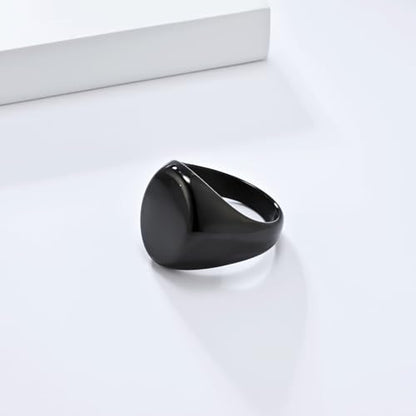 Men's Fashion Stainless Steel Oval Signet Ring Big Wide Solid Biker Band Polished Comfort Fit Silver/Gold/Black - color: Black