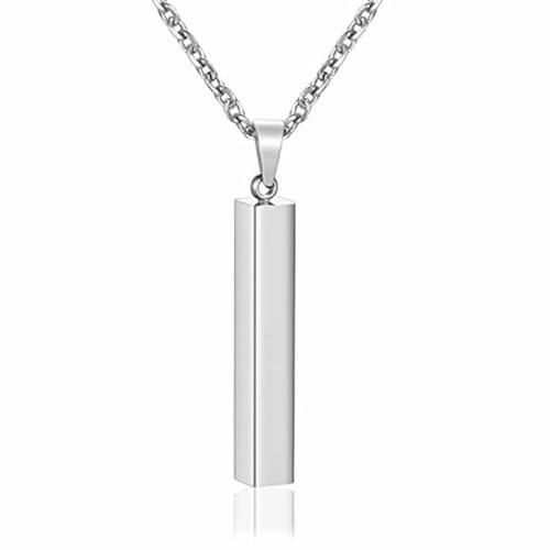 Simple Vertical Bar Pendant Necklace for Men Women Stainless Steel Personalized Cool 3D Vertical Cuboid Stick Chain Necklace for Minimalist Couples Lovers Fashion Jewelry Gifts - color: Silver