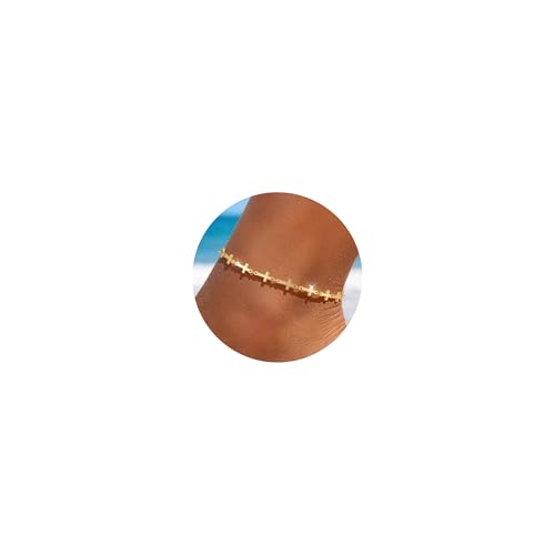 Sterling Silver Ankle Bracelets for Women 14K Gold Waterproof Layered Stackable Bead Chain Cross Charm Non Tarnish Large Adjustable Anklet for Summer Beach Jewelry Gift - color: gold5