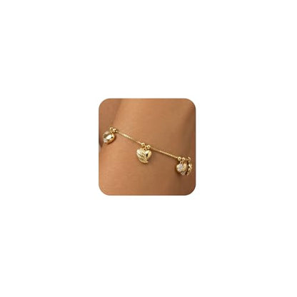 14K Gold Heart Charm Bracelet for Women, Dainty Cute Gold Plated Link Chain Bracelets, Women's Trendy Jewelry Gift