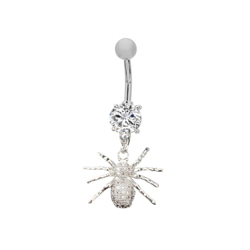 14G Crystal Spider Dangle Belly Button Ring for Women Men Stainless Steel Cubic Zirconia Statement Goth Insect Charm Navel Rings Curved Barbell Simple Sexy Halloween Body Piercing Jewelry - color: Silver