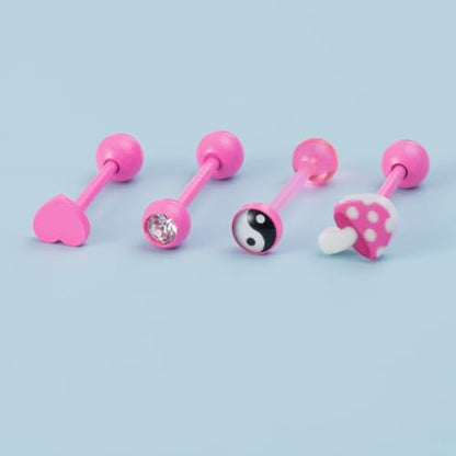 4Pcs Stainless Steel Tongue Rings for Women Cute Pink Heart Mushroom Tai Chi Round CZ Tongue Barbell Studs Cartilage Earrings Dainty Body Piercing Jewelry