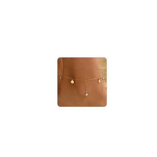 Gold Ankle for Women 18K Gold Plated Tennis Sapphire Paperclip Pearl Sequin Droplet Lip Link Chain Large Anklet Bracelets Simple Beach Summer Waterproof Foot Jewelry - color: Sequin CZ-Gold