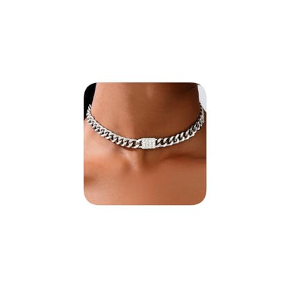 Elegant Silver Chain Choker Necklace with Crystal Accent, Chunky Curb Link Design, Adjustable Length, Fashion Statement Jewelry