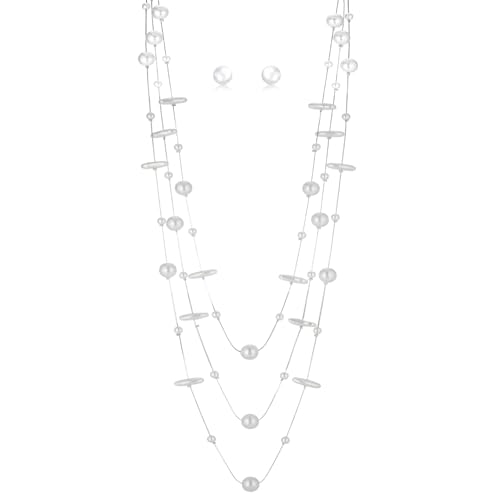 Errally Long Pearl Necklace and Earring Set Layered Pearl Beaded Necklaces for Women White Costume Jewelry Sets Gifts for Mom - color: Disc Shaped