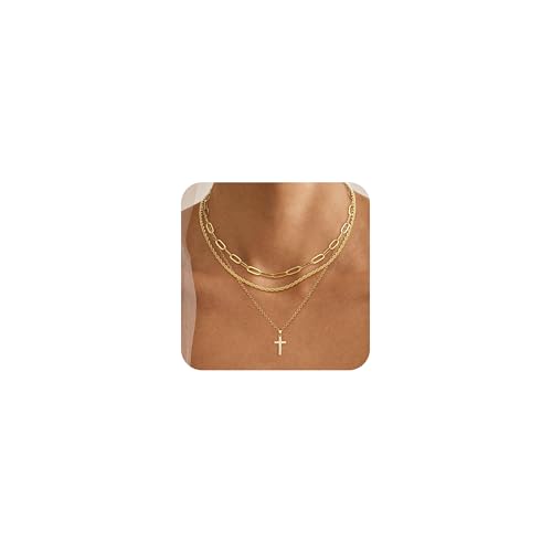 MFRYK Gold Necklaces for Women,14K Gold/Silver Plated Choker Layered Necklace Dainty Pearl Disc Cross Circle Heart Pendant Chain Stackable Necklaces, Multilayer Jewelry Set Gifts for Women - style: 3Layered Cz Cross-GD