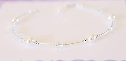 Anklet White Pearl & Iridescent Crystal Sterling Silver Beach Wedding Bridesmaid Anniversary Gift - style: Average 8 1/2" to 10"