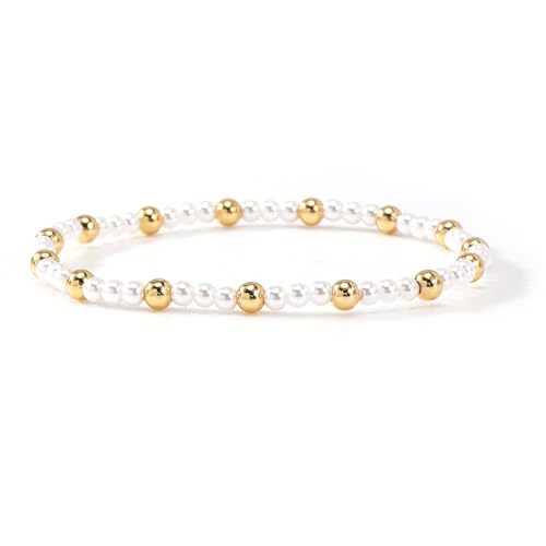 Colorful Gold Plated Stackable Ball Seed Beaded Bracelets Set For Women, Boho Handmade Romantic Stretch Accessories Jewelry, Daily Wear Holiday Party Friendship Gift - color: Freshwater Pearl