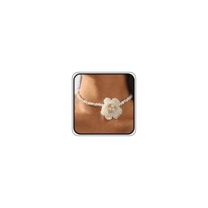 White Pearl Flower Choker Necklaces for Women Large Fashion Camellia French Collar Necklace Trendy Big Pearl Beaded Floral Statement Jewelry Petal Accessories
