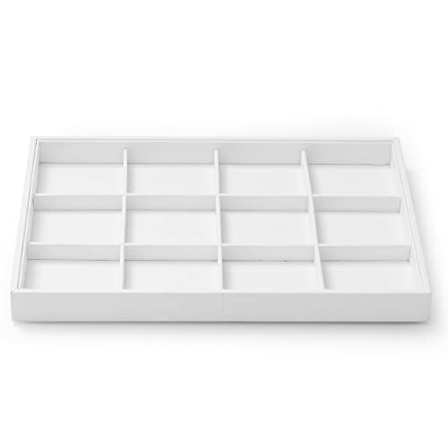 White PU Leather 12-Grid Jewelry Display Organizer Tray | for rings, earrings, necklaces and bracelets, stackable design for home dresser storage, jewelry store counter & trade show - size: 12 Grid
