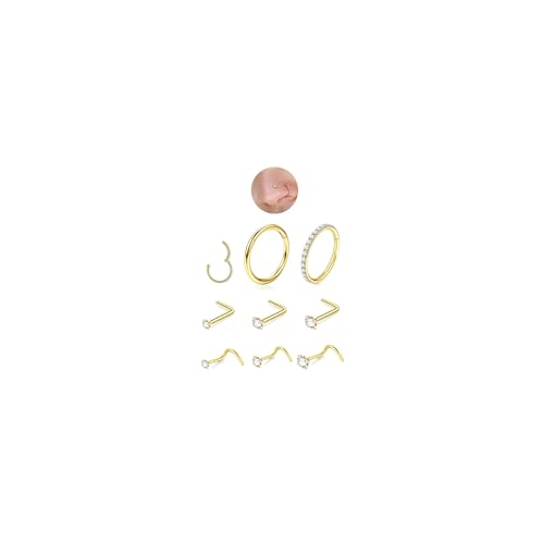 8PCS Titanium Nose Rings Stud, Gold Nose Ring for Women Men Hypoallergenic Nostril Hoops L Shape Nose Studs Corkscrew CZ Nose Piercing Jewelry Silver 18G & 20G Nose Ring Studs 2/2.5/3mm - style: 8PC-Gold