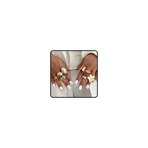 Chunky Gold Shell Starfish Ring Set for Women Trendy Gold Flower Scallop Seashell Starfish Gemstone Rings Adjustable Stacking Statement R-ings Non Tarnish Spring Summer Jewelry Accessories - color: B1:8 pcs