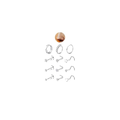 JeryWe Nose Rings for Women - 14K Gold Filled Hypoallergenic Surgical Steel Nose Ring Hoops CZ Lip Ring Screw L Shaped Studs Threadless Flat Back Stud Nose Piercings Jewelry for Women Men - style: Steel-CZ