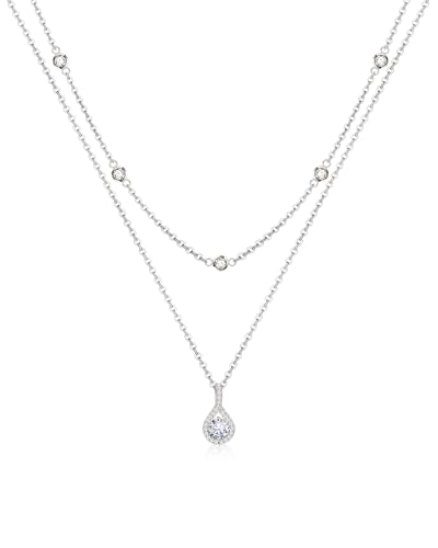 ACECHA Silver Necklace for Women, Dainty Layered Stack Set | silver plated, stackable, choker necklaces with cz pendant, ideal for daily prom wedding jewelry - color: silver-layered teardrop