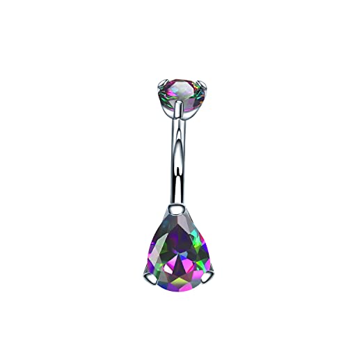 VOJO G23 Titanium Belly Button Rings Cubic Zircon Opal Hypoallergenic Threaded 14G Diamond Navel Body Piercing Jewelry Birthstone for Women - color: Teardrop Rainbow CZ