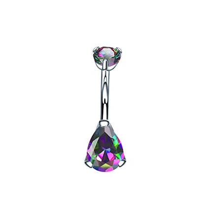 VOJO G23 Titanium Belly Button Rings Cubic Zircon Opal Hypoallergenic Threaded 14G Diamond Navel Body Piercing Jewelry Birthstone for Women - color: Teardrop Rainbow CZ