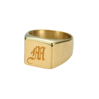 925 Sterling Silver Personalized Square Signet Old English Initial Ring Custom Womens Mens Letter Jewelry - color: Gold