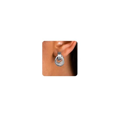 FIBO STEEL 1 Pair Clip On Earrings for Women Non Pierced Ears | Chunky Knot Link, Geometric Statement Colorful Dangle Clip Earrings, Trendy Jewelry Gift - color: Knot Silver Plated