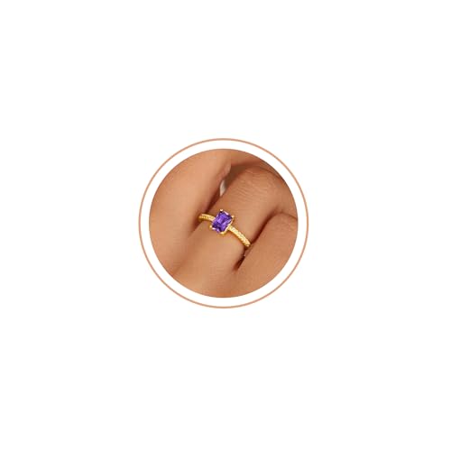 Honsny Gold Birthstone Rings for Women Non Tarnish 14K Gold Plated Emerald Engagement Promise Rings CZ Stackable Dainty Gemstone Pinky Eternity Band Ring Jewelry Birthday Gifts - color: Purple February, size: 6