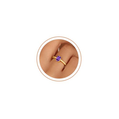 Honsny Gold Birthstone Rings for Women Non Tarnish 14K Gold Plated Emerald Engagement Promise Rings CZ Stackable Dainty Gemstone Pinky Eternity Band Ring Jewelry Birthday Gifts - color: Purple February, size: 7