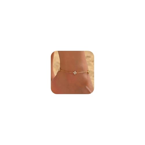 NONAMOIS 18K Gold Plated Diamond Ankle Bracelets for Women Waterproof Gold CZ Pearl Bow Link Chain Anklets Non Tarnish Summer Beach Foot Jewelry Gifts - color: CZ Clover-Gold