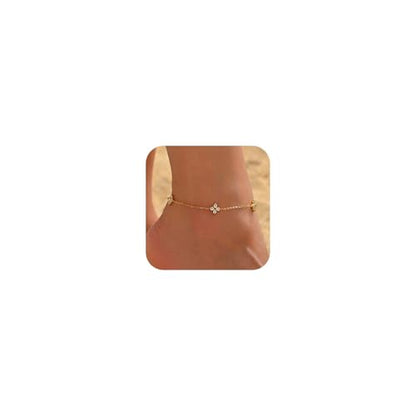NONAMOIS 18K Gold Plated Diamond Ankle Bracelets for Women Waterproof Gold CZ Pearl Bow Link Chain Anklets Non Tarnish Summer Beach Foot Jewelry Gifts - color: CZ Clover-Gold