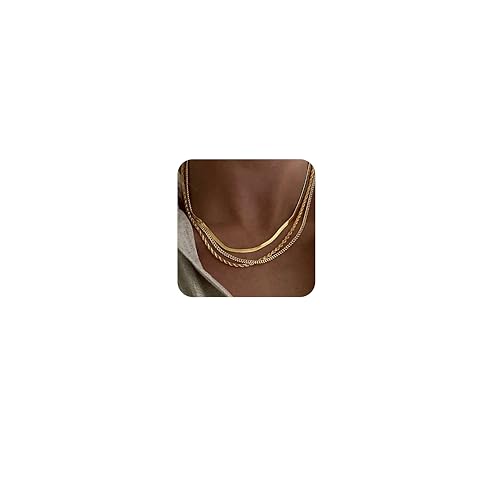 DEARMAY 14K Gold Plated Herringbone Necklaces for Women, Dainty Gold Snake Choker Chain Non Tarnish Trendy Simple Thin & Chunky Options Neckalce 1.5/3/5/6/8mm Chain Jewelry for Gifts - color: 3Pcs Gold Necklace Set (Herringbone+Cuban+Rope)