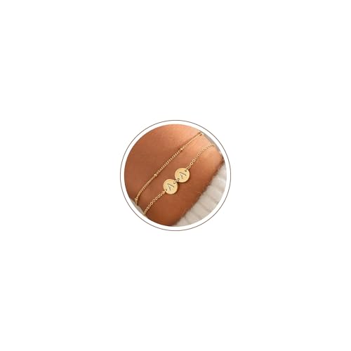 Initial Bracelets for Women Girls Trendy, Dainty 14K Gold Plated 2 Initial A-Z Disc Stacked Layered Bracelet Set Personalized Friendship Birthday Gifts Jewelry for Daugther Girls - color: AA.