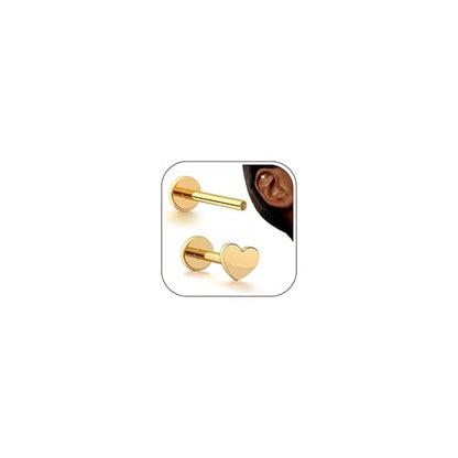 G23 Titanium 16G Tragus Conch Piercing Jewelry Flat Back Stud Earrings | Hypoallergenic CZ Nose Dangle Helix Medusa Lip Labret Body Piercing Jewelry, 14K Gold Plated, Silver, 6 and 8 mm Post Length - color: Heart-14K Gold