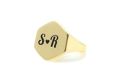Custom Gold Signet Ring with Couples' Initials - Hexagon Shaped Anniversary Personalized Engraved Jewelry