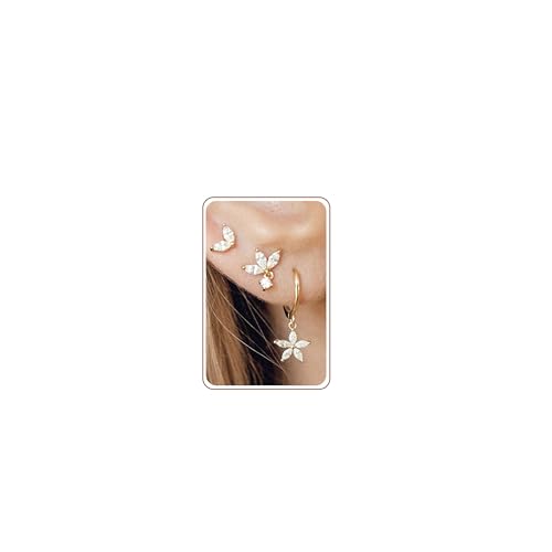 Sterling Silver Earrings Stacks for Women, Hypoallergenic Cartilage Earring | Dainty Stud Huggie Hoop Dangle Chain Earrings, 14K Gold/White Gold Plated - color: 3Pairs-Flower CZ Set-Gold