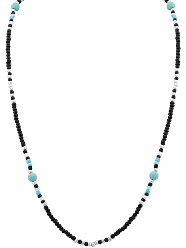 MINACHI Boho Black Turquoise-Tone Seed Bead Southwest Style Necklace | Black seed bead necklace with turquoise-tone resin accents, heishi disk pattern, silver-tone bead details, boho style