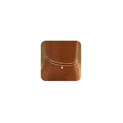 PICNHUAN Gold/Silver Ankle Bracelets for Women 14K Gold Plated Women's Anklets Silver Cuban Chain Anklet Waterproof Stainless Steel Anklet Summer Beach Foot Chain Jewelry Gifts for Women - color: Gold/Two-layer bead chain
