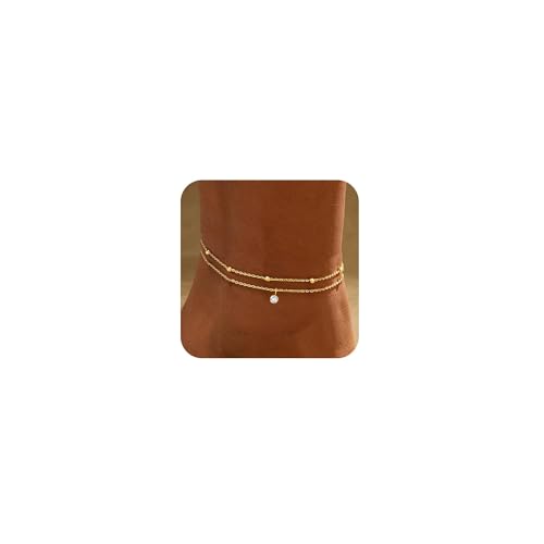 PICNHUAN Gold/Silver Ankle Bracelets for Women 14K Gold Plated Women's Anklets Silver Cuban Chain Anklet Waterproof Stainless Steel Anklet Summer Beach Foot Chain Jewelry Gifts for Women - color: Gold/Two-layer bead chain