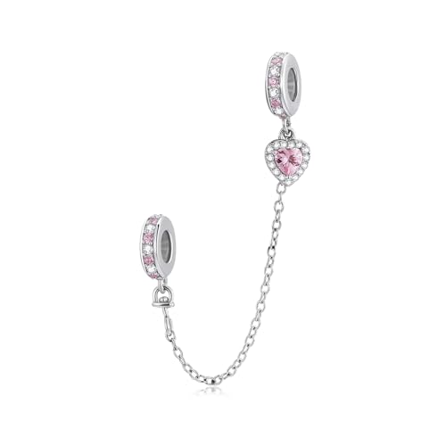 BISAER Stopper Beads Spacers Charms for Bracelets 925 Sterling Silver Clips | Original Spacer Charms Safety Chain Fit 3mm Bracelet Stopper Beads with 5A Cubic Zirconia DIY Accessories for Women - color: Heart Safety Chain